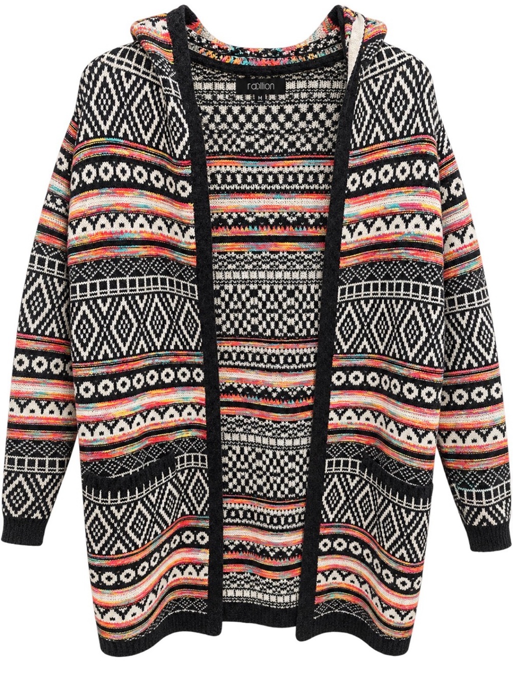 Papillon Aztec Hooded Cardigan with Black, White, & Multicolor Stripes
